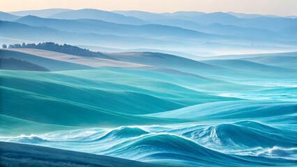Fototapeta premium Serene landscape depicting rolling ocean waves and distant mountain ranges under hazy skies
