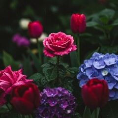 Pink Rose with Red Tulips and Purple Hydrangeas in Rain