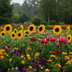 Obraz premium Rain-Soaked Sunflowers and Tulips in a Vibrant Garden