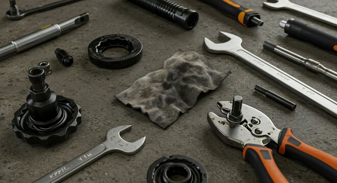 Various tools lie on a textured gray surface creating a still life composition on mechanics.