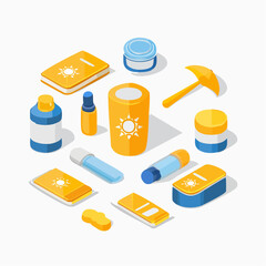 Isometric Flat icon set of Sun Protection Essentials