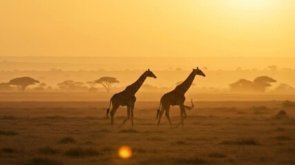 Silhouette of giraffes and gazelle at sunset in savannah - Powered by Adobe
