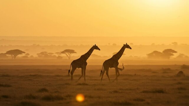 Silhouette of giraffes and gazelle at sunset in savannah