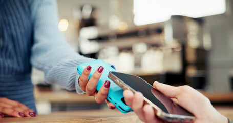 Food truck, hands and machine payment with phone for tap transaction, POS or cashless checkout....