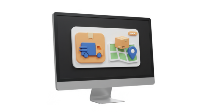 3d Render of Online Delivery on Computer Screen Transparent