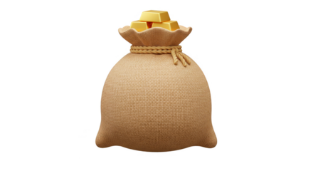 3D Rendered Gold Bars in a Burlap Sack on Transparent Background