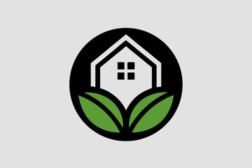 house icon vector with green leaves in circle silhouette