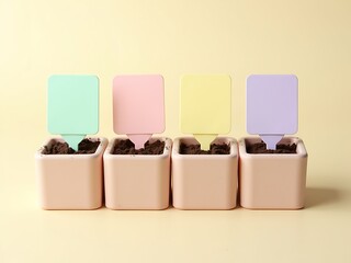 Pastel pots with blank labels for gardening and planting information