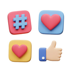 Fototapeta premium 3D Render Social Media Icons Heart Like and Hashtag on Transparent Background