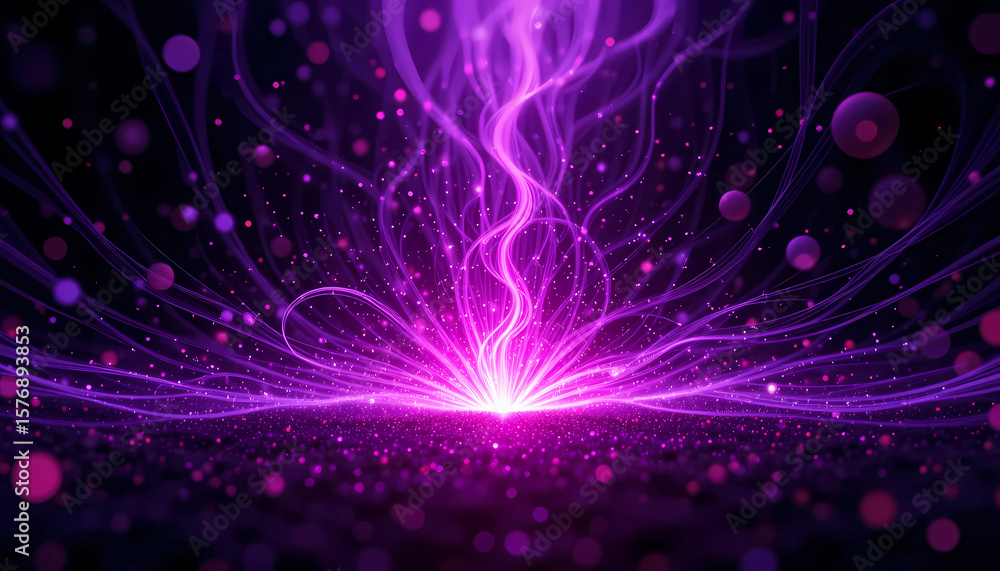 Poster a vibrant purple energy field emanating from a central point with bokeh and light streaks above it