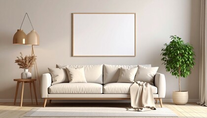 Bright minimal room with light wood frame mockup above white couch