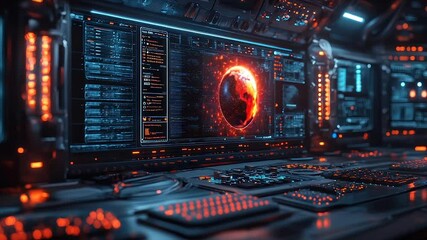 Futuristic control room with fiery globe displayed on a large monitor, surrounded by various digital interfaces - Powered by Adobe