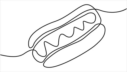 Continuous one line drawing of delicious hot dog Minimal style.  One line drawing illustration of American hot dog. Junk food, fast food concept line art. Hot dog continuous line.