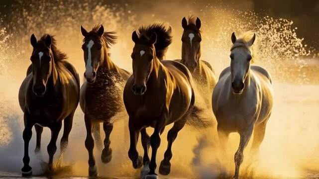 A group of horses running through shallow water with a golden light shining on them all together animal video