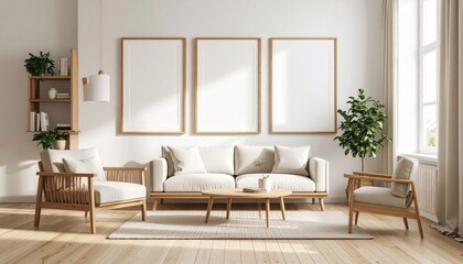Bright living room with beige sofa and 3 poster mockups