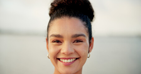 Portrait, smile and woman for travel outdoor for vacation, weekend break and adventure trip. Face,...