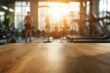 A close-up of a wooden table surface in the foreground, with a blurred gym interior and sunlit windows in the background.