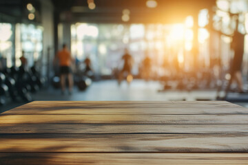 A close-up of a wooden table surface in the foreground, with a blurred gym interior and sunlit windows in the background.