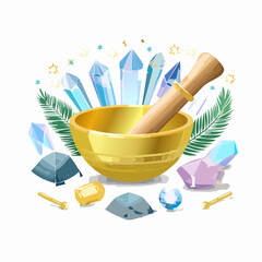 Obraz premium Golden Singing Bowl with Spiritual Tools and Crystals