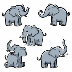 Cartoon elephants in various poses, playful animal characters