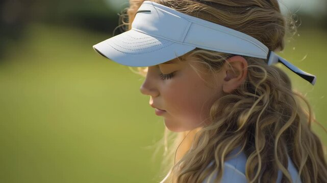 A girl wearing a visor and a necklace. She is looking at the camera. The necklace is black
