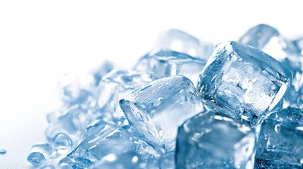 Obraz premium A close-up view of clear ice cubes glistening with light on a bright background, ideal for refreshing beverage presentations.