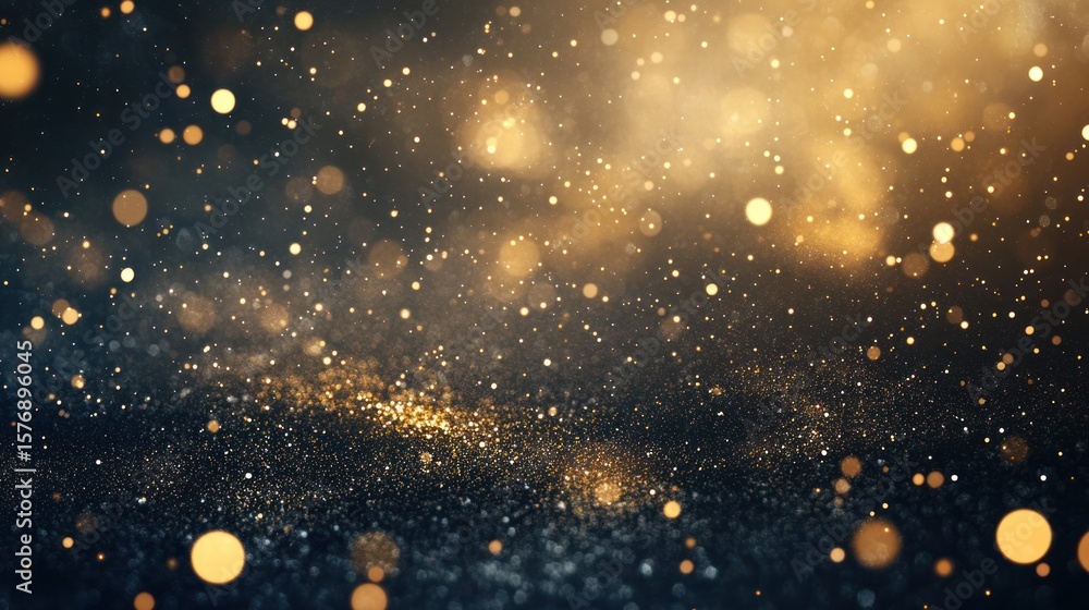Poster a mesmerizing display of shimmering gold particles against a dark background, creating a magical and