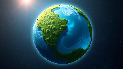 Fototapeta premium Abstract globe illustration with lush vegetation, floating in a starry cosmic background.
