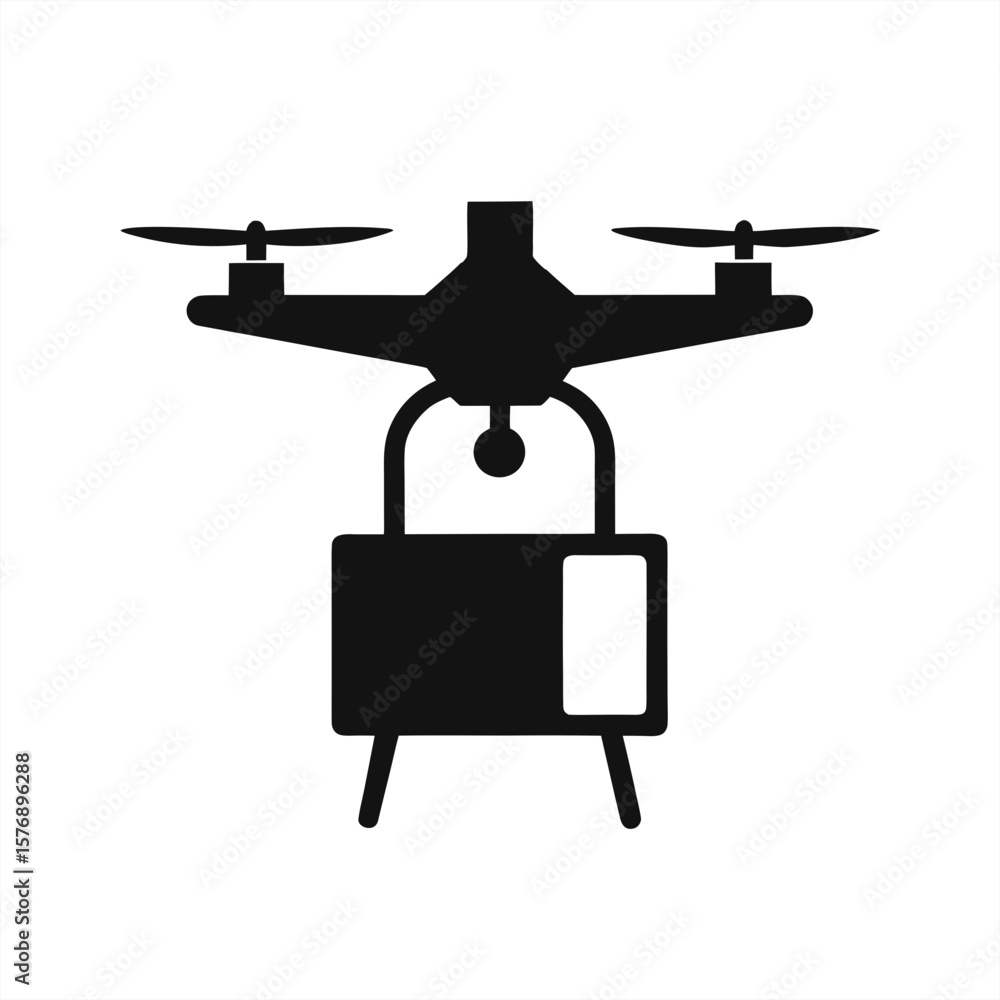 Poster drone delivering package silhouette on transparent background for web and graphic design