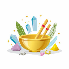 Obraz premium Golden Singing Bowl with Spiritual Tools and Crystals