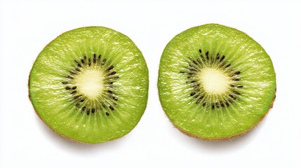 Fototapeta premium Fresh Kiwi Halves with Vibrant Green Texture and Seeds, Isolated on White Background 