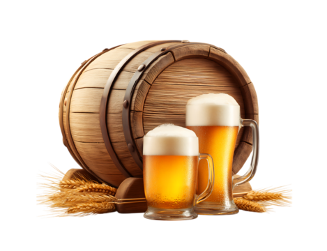 A bright, wooden barrel filled with beer and two glasses of frothy isolated on a transparent background