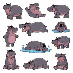 Happy hippos in various poses, playful animal characters