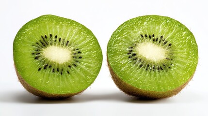 Fototapeta premium Fresh Kiwi Halves with Vibrant Green Texture and Seeds, Isolated on White Background 