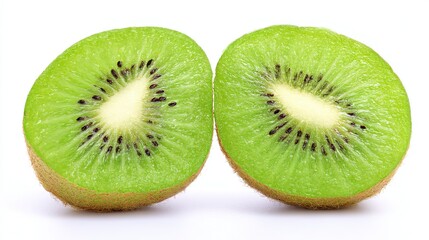 Fototapeta premium Fresh Kiwi Halves with Vibrant Green Texture and Seeds, Isolated on White Background 