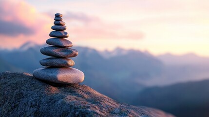 Obraz premium A serene stack of stones balanced on a rocky surface during sunset, symbolizing tranquility and nature's beauty.