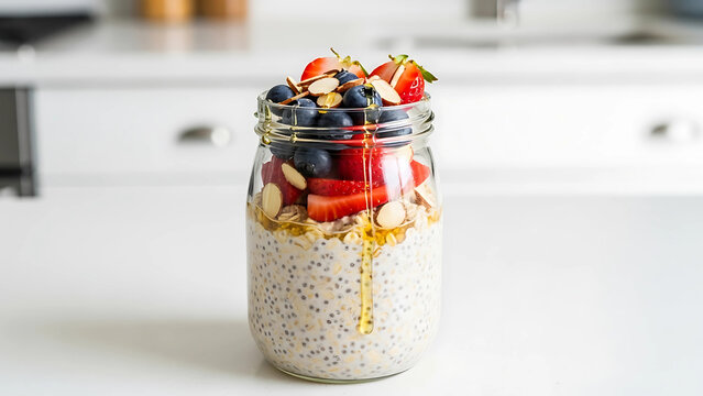 This overnight oats jar with chia seeds, nuts, fresh berries, and honey is a wholesome breakfast prepared at night and enjoyed at home or on-the-go for a healthy, energizing start.
