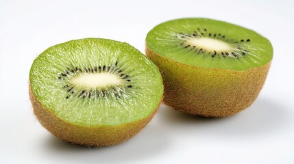 Fototapeta premium Fresh Kiwi Halves with Vibrant Green Texture and Seeds, Isolated on White Background 
