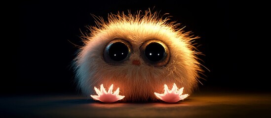 Cute fluffy creature with glowing paws in the dark.