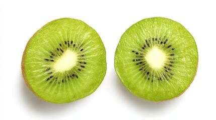 Fototapeta premium Fresh Kiwi Halves with Vibrant Green Texture and Seeds, Isolated on White Background 