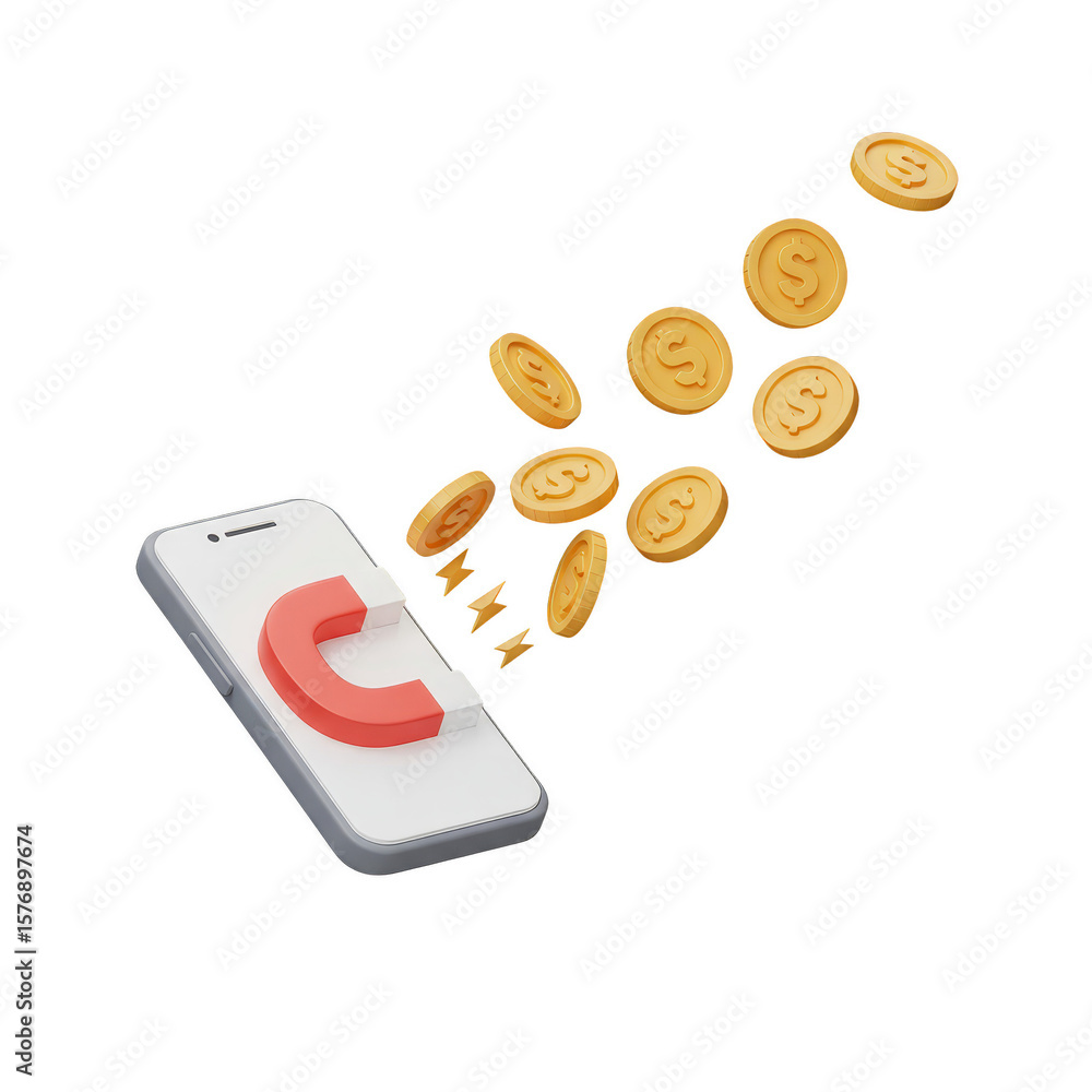 Poster 3d rendering mobile phone with golden coins for digital transaction