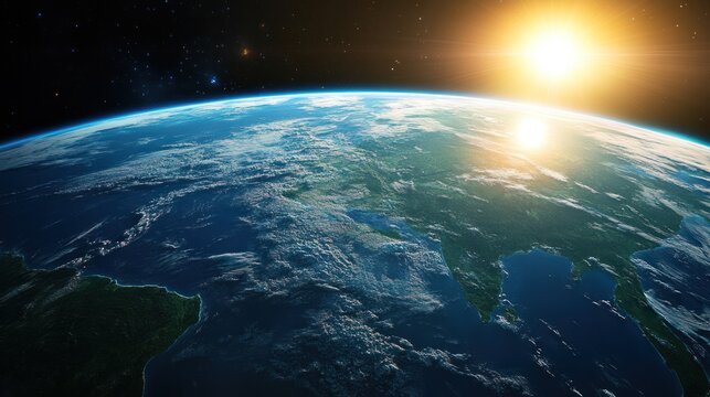 A stunning view of Earth from space, showcasing the atmosphere, landmasses, and the vibrant glow of the rising sun. - Powered by Adobe