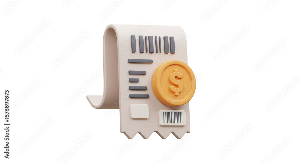 Poster 3d rendering of beige receipt with golden coin on transparent background
