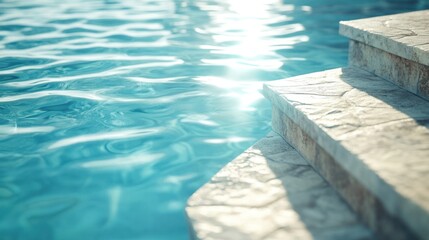 Obraz premium A tranquil scene depicting a glistening swimming pool with calm water and elegant stone steps, perfect for relaxation or leisure.