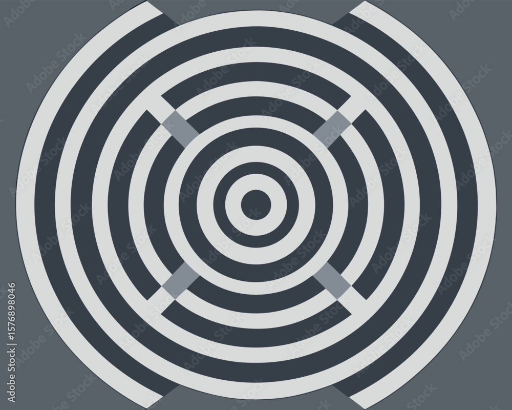 Poster abstract circular pattern design with concentric rings and a radial geometric arrangement on gray.