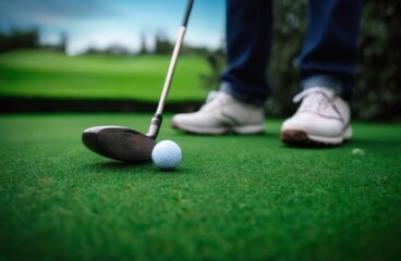 Person in blue jeans and white sneakers preparing to hit golf ball on putting green. Blurred background of green golf course.