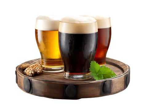Fresh glasses of beer and dark ale on a barrel  isolated on a transparent background