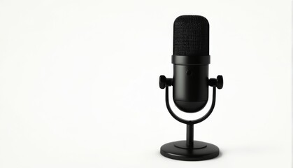 Black round microphone on metal stand, with mesh texture, 3D rendering on plain white background.