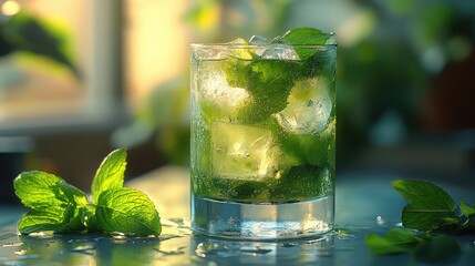 Ice cubes floating in a mojito cocktail, condensation on the glass, sunbeam casting long shadows