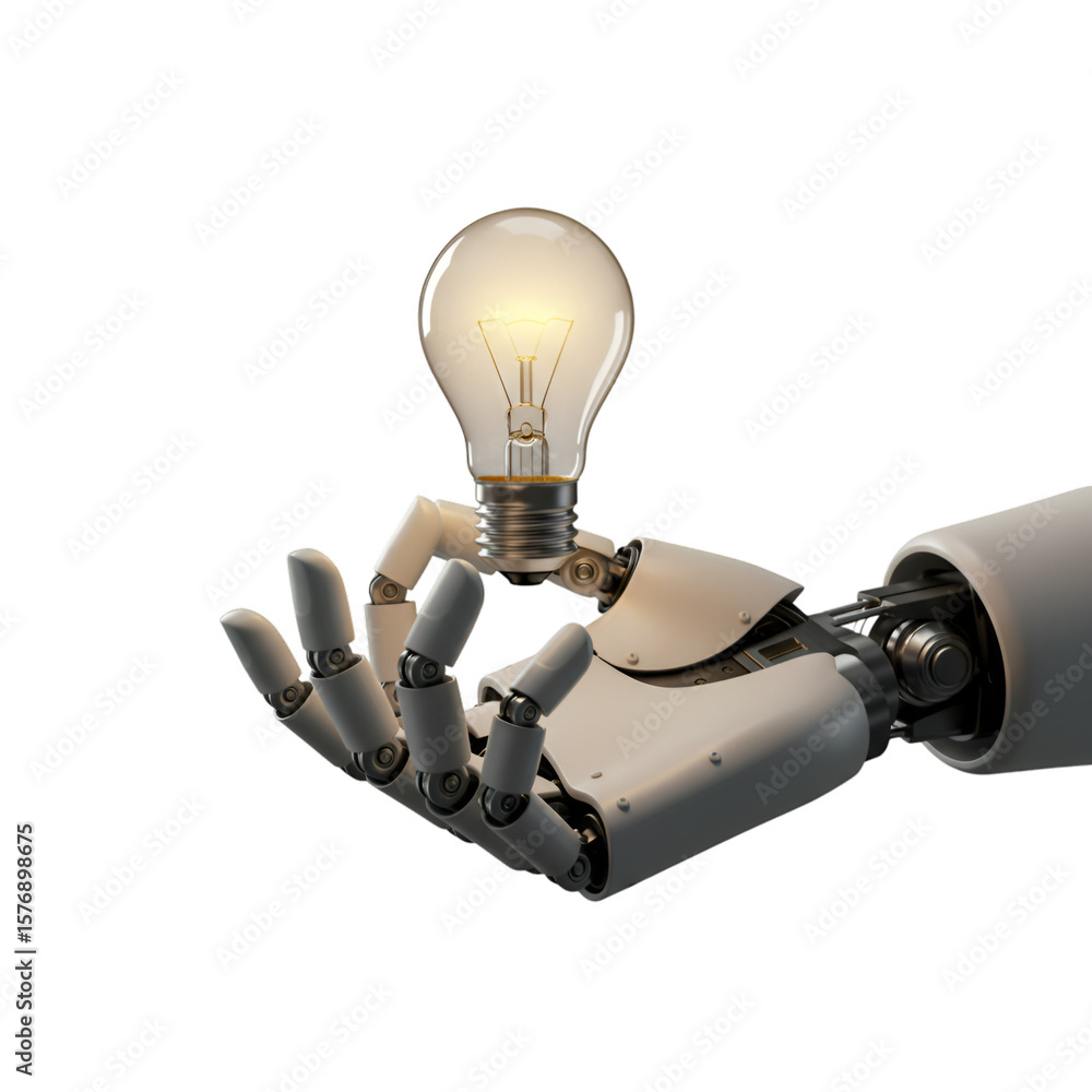 Poster 3d rendering of robot hand holding glowing light bulb idea